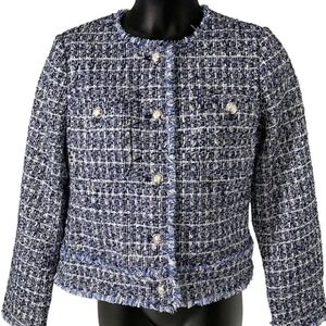 NEW! Dennis Basso Tweed Boucle Blazer Suit Jacket Frayed Navy Blue Silver Formal